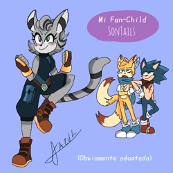 Size: 1378x1378 | Tagged: safe, artist:onepapafrita, miles "tails" prower, sonic the hedgehog, oc, oc:ruth, 2023, adopted fankid, arms folded, blue background, blushing, female, frown, gay, leaning on them, male, next generation, older, parent:sonic, parent:tails, parents:sontails, scarf, shipping, signature, simple background, smile, solo focus, sonic x tails, spanish text, standing on one leg, trio