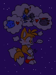 Size: 768x1024 | Tagged: dead source, safe, artist:tailsmybuddy67, miles "tails" prower, shadow the hedgehog, sonic the hedgehog, ..., 2023, blue background, blushing, cute, dark, exclamation mark, fight, gay, heart, jealously, love triangle, shadails, shadowbetes, shipping, signature, simple background, sitting, solo, sonabetes, sonic x tails, tailabetes, thinking, thought bubble