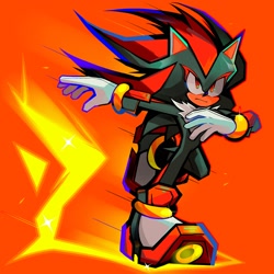 Size: 2048x2048 | Tagged: safe, artist:kuroiyuki96, shadow the hedgehog, 2023, frown, looking ahead, orange background, simple background, skating, solo
