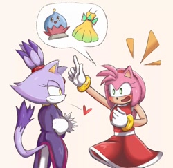 Size: 1080x1049 | Tagged: safe, artist:lenez_ottic, amy rose, blaze the cat, cat, chao, hedgehog, 2023, amy x blaze, amy's halterneck dress, blaze's tailcoat, cute, dress, female, females only, heart, lesbian, looking at each other, shipping