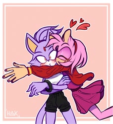 Size: 1271x1391 | Tagged: safe, artist:7_hilex_6, amy rose, blaze the cat, cat, hedgehog, 2022, amy x blaze, blushing, bracelet, cute, eyes closed, female, females only, hearts, kiss on cheek, lesbian, shipping, surprised