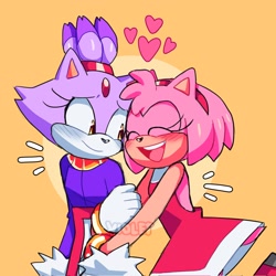 Size: 2048x2046 | Tagged: safe, artist:violetmadness7, amy rose, blaze the cat, cat, hedgehog, 2021, amy x blaze, amy's halterneck dress, blaze's tailcoat, blushing, cute, eyes closed, female, females only, hand on arm, hearts, lesbian, looking at them, mouth open, shipping