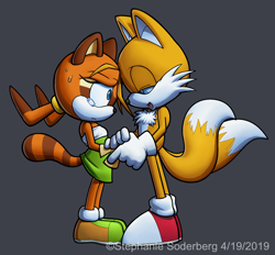 Size: 1500x1389 | Tagged: safe, artist:lululunabuna, marine the raccoon, miles "tails" prower, marails, shipping, straight