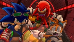 Size: 2000x1125 | Tagged: safe, artist:pichi08, knuckles the echidna, miles "tails" prower, sonic the hedgehog, sonic riders: zero gravity, extreme gear, redraw