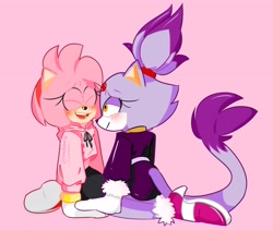 Size: 4096x3458 | Tagged: safe, artist:inidemoie, amy rose, blaze the cat, cat, hedgehog, 2021, amy x blaze, blushing, cute, eyes closed, female, females only, lesbian, mouth open, shipping, valentine's day