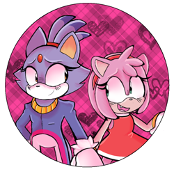 Size: 768x768 | Tagged: safe, artist:guiltypandas, amy rose, blaze the cat, cat, hedgehog, 2021, amy x blaze, amy's halterneck dress, blaze's tailcoat, blushing, cute, female, females only, hearts, holding hands, lesbian, looking at each other, mouth open, shipping