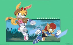 Size: 2000x1250 | Tagged: safe, artist:leatherruffian, bunnie rabbot, sally acorn, ringblader outfit, sonic channel wallpaper style