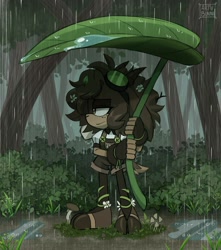 Size: 1765x2000 | Tagged: safe, artist:artbunii, artist:drstarline, oc, forest, leaf umbrella, rain