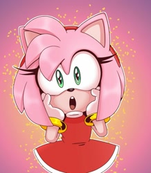 Size: 1747x2000 | Tagged: safe, artist:thenovika, amy rose, amy's halterneck dress, hands on cheeks, looking at viewer, surprised