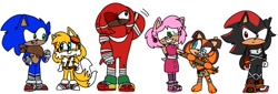 Size: 1040x355 | Tagged: safe, artist:rosecandyart, amy rose, knuckles the echidna, miles "tails" prower, shadow the hedgehog, sonic the hedgehog, sticks the badger, 2023, group, simple background, smile, sonic boom (tv), spear, standing, top surgery scars, trans female, trans male, transgender, white background