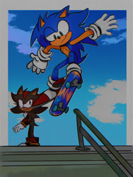 Size: 1536x2048 | Tagged: safe, artist:youhalfwit, shadow the hedgehog, sonic the hedgehog, abstract background, clouds, daytime, duo, looking back at them, outdoors, railing, skateboard, smile, standing, top surgery scars, trans male, transgender