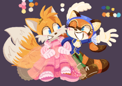 Size: 1016x719 | Tagged: safe, artist:soupsnspoons, marine the raccoon, miles "tails" prower, blushing, crossdressing, dress, duo, femboy, grey background, looking at each other, princess tails, simple background, sir marine, smile, standing, tomboy