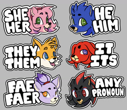 Size: 1273x1100 | Tagged: safe, artist:katlovesshrimp, amy rose, blaze the cat, knuckles the echidna, miles "tails" prower, shadow the hedgehog, sonic the hedgehog, 2023, anthro, english text, grey background, head only, outline, pronouns, simple background