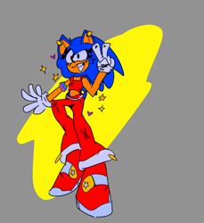 Size: 1216x1326 | Tagged: safe, artist:sploinky-explosions, sonic the hedgehog, abstract background, crop top, ear piercing, heart, looking up, pants, smile, soap shoes, solo, standing, star (symbol), trans female, transgender, v sign