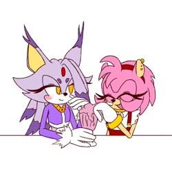 Size: 1456x1440 | Tagged: safe, artist:lily_nanami_, amy rose, blaze the cat, cat, hedgehog, 2023, amy x blaze, blushing, cute, eyes closed, female, females only, lesbian, milkshake, mouth open, shipping