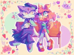 Size: 2048x1519 | Tagged: safe, artist:tailsnumber1fan, amy rose, blaze the cat, cat, hedgehog, 2023, amy x blaze, bench, cute, female, females only, flower, hearts, lesbian, shipping, star (symbol), strawberry