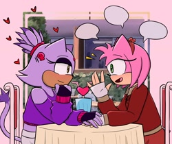 Size: 2048x1718 | Tagged: safe, artist:_errorserenity, amy rose, blaze the cat, cat, hedgehog, 2023, amy x blaze, cute, date, female, females only, hearts, lesbian, looking at each other, shipping, straw, valentine's day
