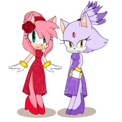 Size: 1280x1280 | Tagged: safe, artist:softhele1, amy rose, blaze the cat, cat, hedgehog, 2023, amy x blaze, cute, dress, female, females only, lesbian, looking at viewer, shipping