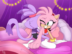 Size: 2048x1536 | Tagged: safe, artist:buddyhyped, amy rose, blaze the cat, cat, hedgehog, 2023, amy x blaze, bed, bedroom, cuddling, cute, female, females only, lesbian, one eye closed, shipping, socks