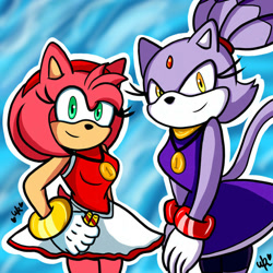 Size: 894x894 | Tagged: safe, artist:wattsonrose, amy rose, blaze the cat, cat, hedgehog, 2021, amy x blaze, cute, female, females only, lesbian, looking at viewer, medal, shipping