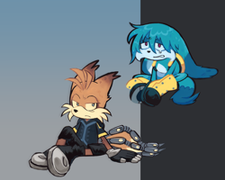 Size: 2048x1638 | Tagged: safe, artist:vermiixphantom, kit the fennec, miles "tails" prower, nine, sonic prime, abstract background, duo, frown, lidded eyes, looking at viewer, looking offscreen, sad, sitting
