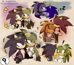 Size: 2048x1795 | Tagged: safe, artist:eighttalestale, jet the hawk, sonic the hedgehog, ..., abstract background, blushing, cheek fluff, duo, exclamation mark, eyes closed, gay, heart, holding hands, hugging, looking at each other, looking away, looking offscreen, medal, nuzzle, question mark, shipping, smile, sonjet, sparkles, sweatdrop, zzz
