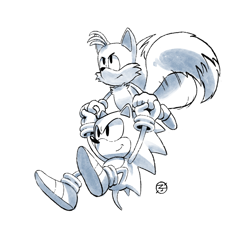 Size: 2048x2048 | Tagged: safe, artist:thecongressman1, miles "tails" prower, sonic the hedgehog, carrying them, classic sonic, classic tails, duo, flying, frown, holding hands, looking ahead, monochrome, signature, simple background, smile, spinning tails, white background