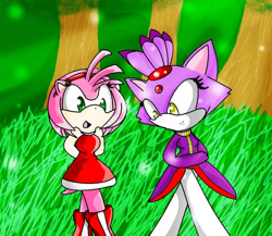 Size: 900x782 | Tagged: safe, artist:snowtheacat, amy rose, blaze the cat, cat, hedgehog, 2011, amy x blaze, amy's halterneck dress, blaze's tailcoat, cute, female, females only, hands behind back, lesbian, looking at something, shipping
