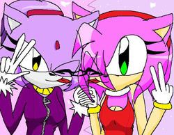 Size: 695x539 | Tagged: safe, artist:gabalooly, amy rose, blaze the cat, cat, hedgehog, 2010, amy x blaze, amy's halterneck dress, blaze's tailcoat, cute, female, females only, holding hands, lesbian, one eye closed, peace sign, shipping, tongue out