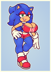 Size: 2500x3500 | Tagged: suggestive, artist:cocomania, blue background, busty sonic, eyeshadow, gender swap, hand on hip, huge breasts, lipstick