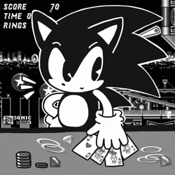 Size: 2100x2100 | Tagged: safe, artist:methkit, sonic the hedgehog, casino night zone, black and white, chaos emerald, hand on hip, playing card, ring, rubberhose style, screenshot background