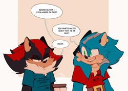 Size: 4134x2953 | Tagged: safe, artist:lanzo000, shadow the hedgehog, sonic the hedgehog, dialogue, earring, words on a shirt