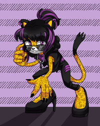 Size: 1280x1600 | Tagged: safe, artist:epictherenegade, oc, oc:catalina bautista, cheetah, abstract background, adjusting glasses, claws out, glasses, high heels, looking at viewer, necklace