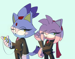 Size: 1280x1013 | Tagged: safe, artist:thenovika, amy rose, blaze the cat, cat, hedgehog, 2023, amy x blaze, clock, female, females only, lesbian, looking at them, shipping, suit