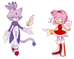 Size: 875x701 | Tagged: safe, artist:shagirma, amy rose, blaze the cat, cat, hedgehog, 2018, amy x blaze, amy's halterneck dress, blaze's tailcoat, cute, female, females only, flame, hearts, lesbian, looking at viewer, shipping