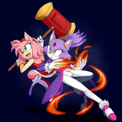 Size: 1280x1281 | Tagged: safe, artist:blophan, amy rose, blaze the cat, cat, hedgehog, 2022, amy x blaze, amy's halterneck dress, blaze's tailcoat, female, females only, flame, lesbian, piko piko hammer, shipping