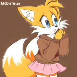 Size: 2048x2048 | Tagged: safe, ai art, artist:mobians.ai, miles "tails" prower, brown background, cute, ear fluff, hands together, looking offscreen, prompter:taeko, simple background, skirt, smile, solo, standing, stockings, sweater, tailabetes, tongue out, trans female, transgender