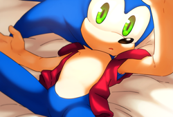 Size: 2800x1900 | Tagged: safe, artist:iku-t0, sonic the hedgehog, 2017, :o, abstract background, chest fluff, featureless crotch, gloves off, jacket, looking at viewer, lying down, solo