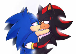 Size: 1024x725 | Tagged: safe, artist:du-o, shadow the hedgehog, sonic the hedgehog, 2017, butt, duo, ear fluff, gay, hugging, lidded eyes, looking at each other, shadow x sonic, shipping, simple background, smile, standing, white background