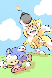 Size: 400x600 | Tagged: safe, artist:glaciacherry, miles "tails" prower, sonic the hedgehog, 2023, abstract background, bomb, clouds, daytime, duo, ear fluff, eye twitch, holding something, outdoors, running, standing, sweatdrop, tails adventure, this won't end well