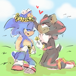Size: 600x600 | Tagged: safe, artist:glaciacherry, shadow the hedgehog, sonic the hedgehog, 2023, abstract background, clouds, cute, duo, eyes closed, flower, flower crown, gay, hearts, holding something, kneeling, lidded eyes, outdoors, shadow x sonic, shadowbetes, shipping, sitting, smile, sonabetes