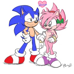 Size: 894x894 | Tagged: safe, artist:sonicfangirl321, artist:wishesareeternal x, amy rose, sonic the hedgehog, hedgehog, amy x sonic, blue fur, bow, fleetway, fleetway amy, gloves, green bow, hair bow, hairband, hand on hip, heart, heart chest, hedgehog ears, holding arm, looking at each other, natural alt, natural amy rose, pink fur, shipping, shoes, smile, socks, straight