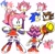 Size: 2048x2005 | Tagged: safe, artist:cody collins, amy rose, shadow the hedgehog, sonic the hedgehog, hedgehog, alternate hairstyle, boots, disembodied head, dress, excited, frown, full body, green eyes, hair tuft, hairband, hedgehog ears, multiple views, open mouth, piko piko hammer, pink fur, profile, red dress, redesign, smile, spiked fur, view from behind, view from front