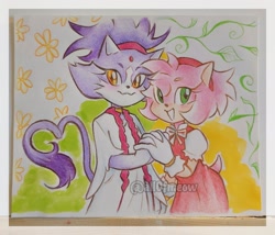 Size: 2048x1751 | Tagged: safe, artist:all0fmeow, amy rose, blaze the cat, cat, hedgehog, 2023, amy x blaze, cute, female, females only, flowers, holding hands, lesbian, looking at viewer, shipping, traditional media