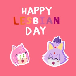 Size: 3000x3000 | Tagged: safe, artist:sunoluno_, amy rose, blaze the cat, cat, hedgehog, 2023, amy x blaze, cute, eyes closed, female, females only, lesbian, lesbian day, lesbian pride, mouth open, pride, shipping