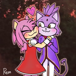 Size: 1280x1280 | Tagged: safe, artist:burntremonade, amy rose, blaze the cat, cat, hedgehog, 2023, amy x blaze, amy's halterneck dress, cheek to cheek, cute, eyes closed, female, females only, hand on shoulder, heart, lesbian, shipping, winter outfit