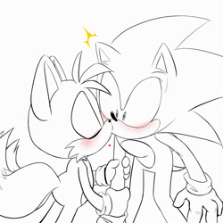 Size: 2000x2000 | Tagged: safe, artist:lemonpickl, miles "tails" prower, sonic the hedgehog, blushing, duo, eyes closed, gay, heart, holding another's arm, kiss, line art, looking at them, shipping, simple background, sonic x tails, standing, surprise kiss, surprised, white background
