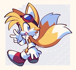 Size: 2048x1884 | Tagged: safe, artist:killukaela, miles "tails" prower, 2023, blue background, blushing, border, cute, goggles, goggles on head, looking back, mouth open, simple background, smile, solo, tailabetes, v sign