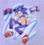 Size: 2016x2048 | Tagged: safe, artist:woomy_womb, sonic the hedgehog, 2023, abstract background, bisexual, bisexual pride, blushing, eyes closed, flag, holding something, male, pride, pride flag, smile, solo, top surgery scars, trans male, trans pride, transgender