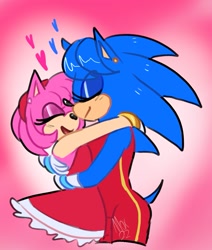 Size: 883x1043 | Tagged: safe, artist:moxramb, amy rose, sonic the hedgehog, 2022, abstract background, amy x sonic, clothes, cute, duo, eye clipping through hair, eyes closed, half r63 shipping, heart, hugging, lesbian, shipping, signature, smile, standing, trans female, transgender, valentine's day